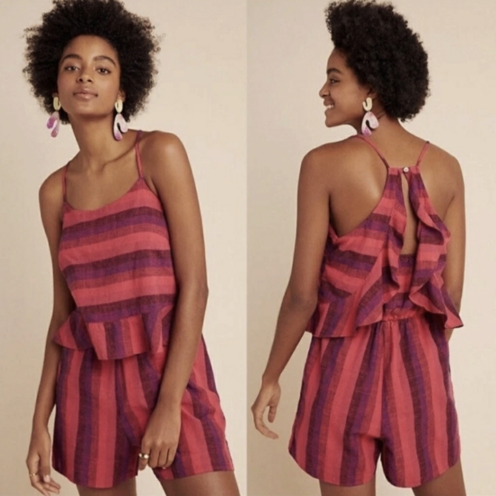 Anthropologie Amadi Melia Linen Blend Striped Pink/Striped Red and Purple Romper